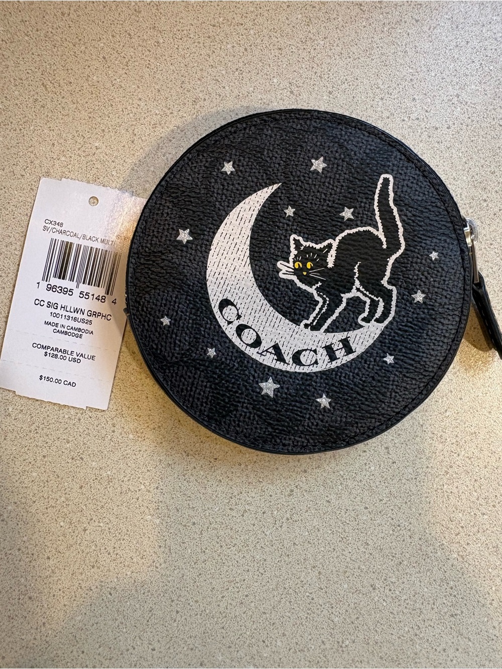 Coach Black Round Zip Coin Pouch with Moon & Cat Graphic